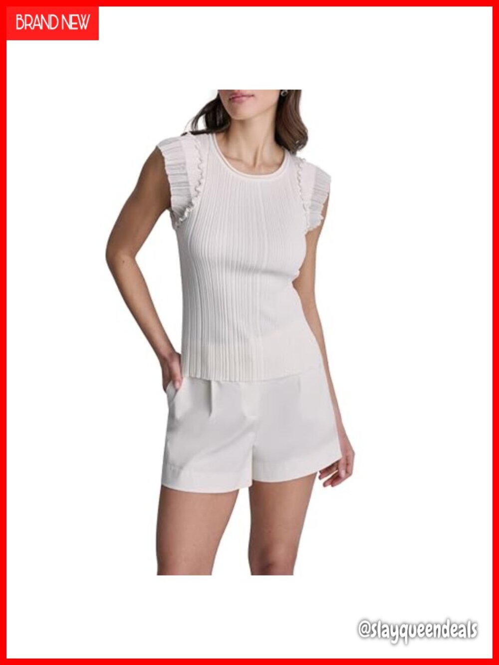 Rib Knit Flutter Sleeve Sleeveless Tank Top Round Neck Pullover